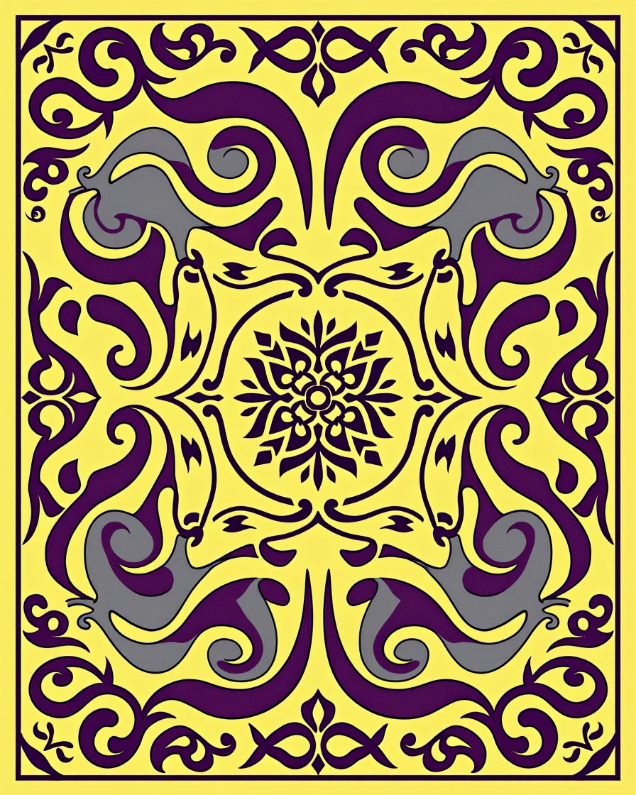 Bold Yellow Purple Swirling Animal Motif Rug