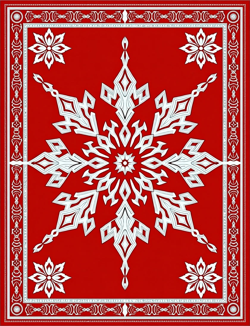Crimson Snowflake Intricate Border Rug