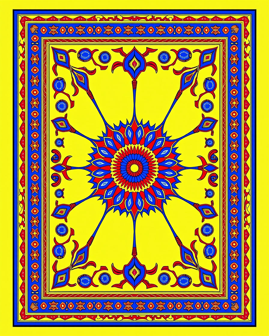 Vibrant Yellow Red Blue Sunburst Medallion Rug