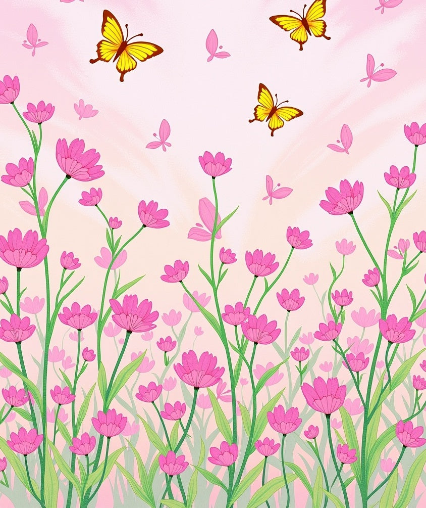 Pink Flowers Yellow Butterflies Garden Rug