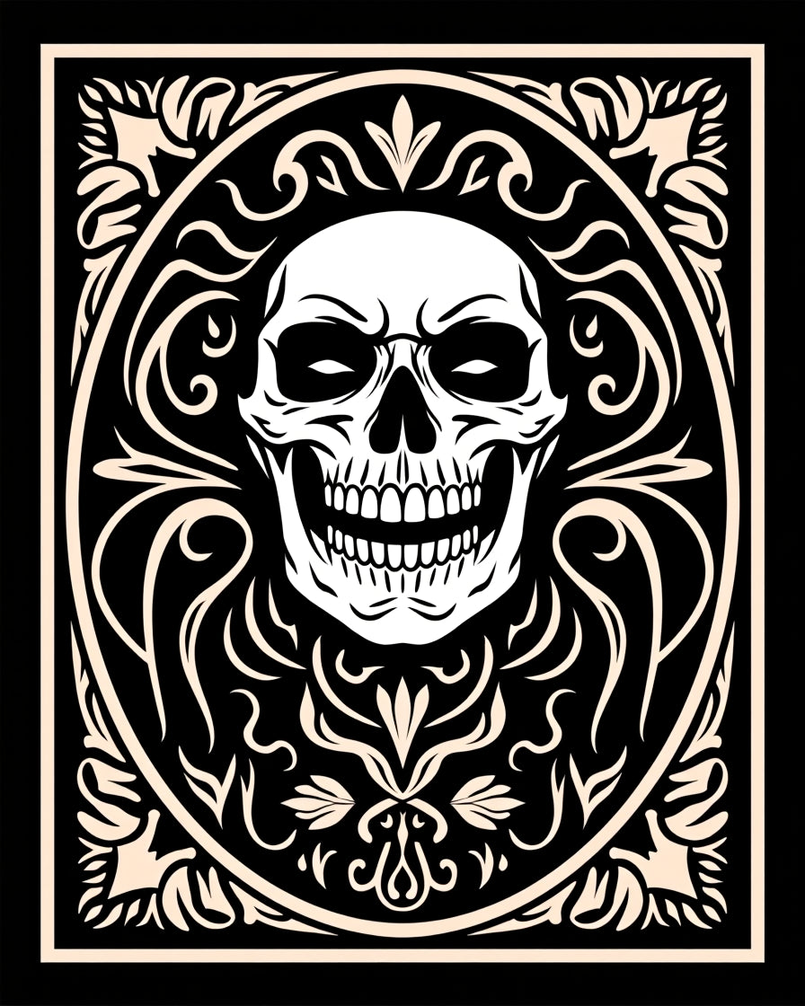 Ornate White Skull Black Oval Rug