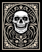 Ornate White Skull Black Oval Rug