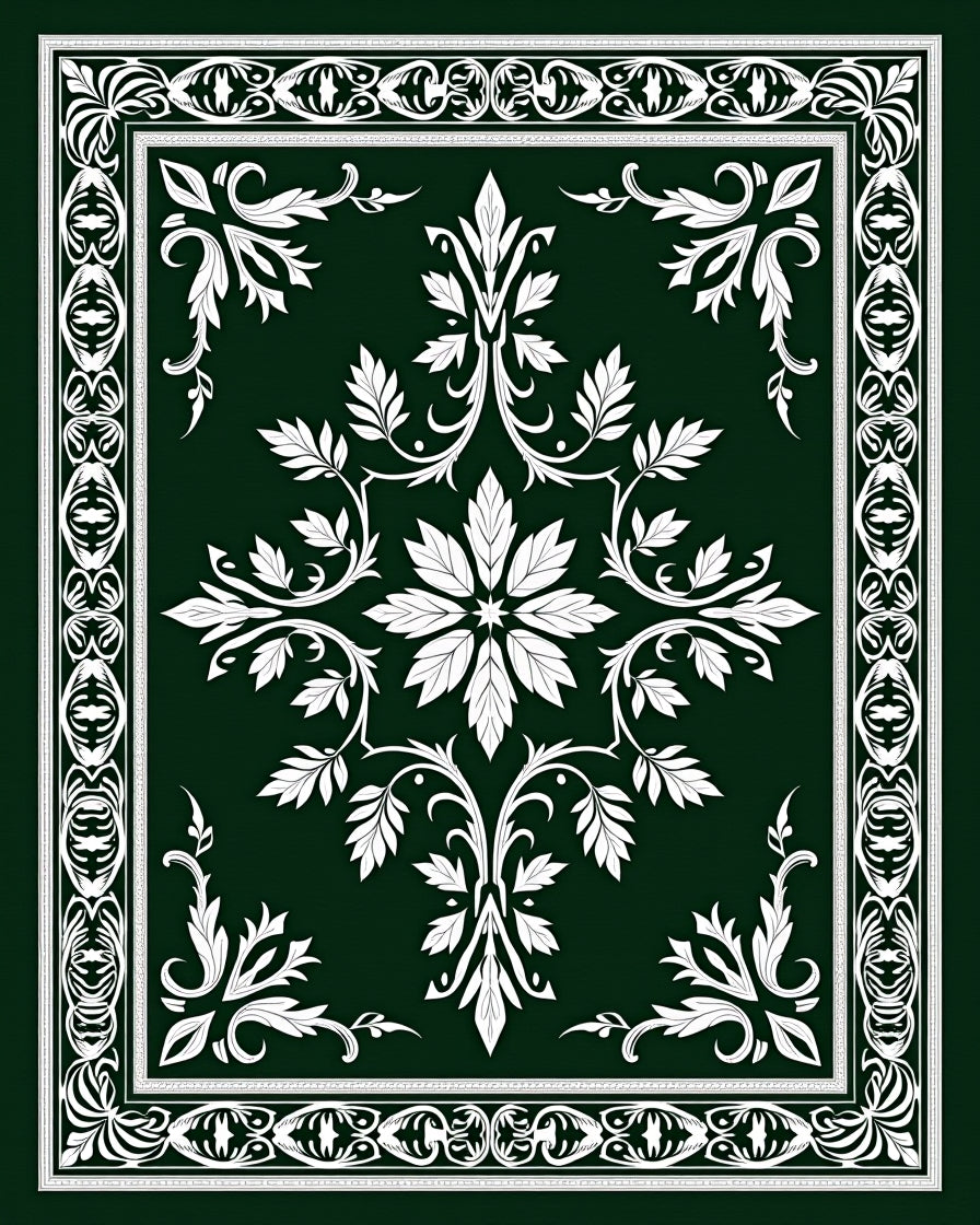 Emerald Green White Botanical Medallion Frame Rug