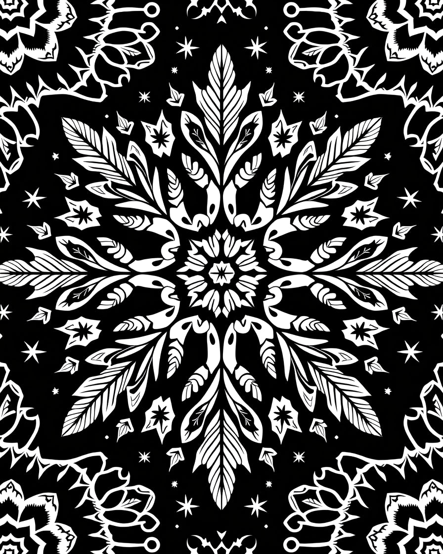 Ornate White Floral Mandala Black Rug