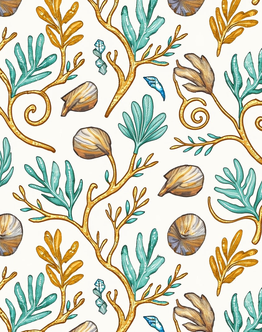 Golden Coral Teal Leaf Shells Rug