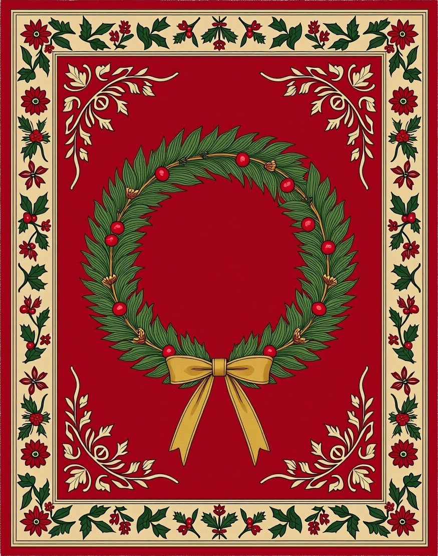 Red Wreath With Golden Bow border Rug