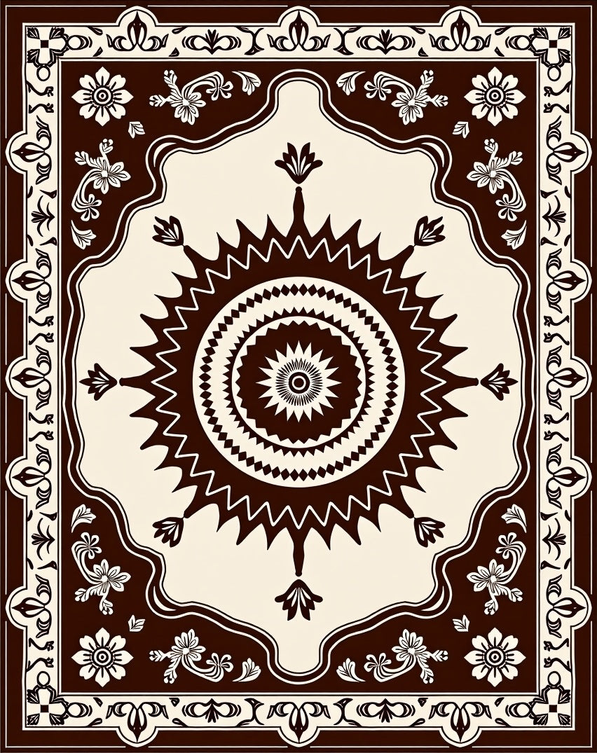 Cream and Brown Sunburst Floral Border Rug