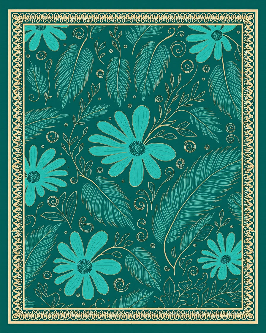 Teal Floral Feather Scroll Rug