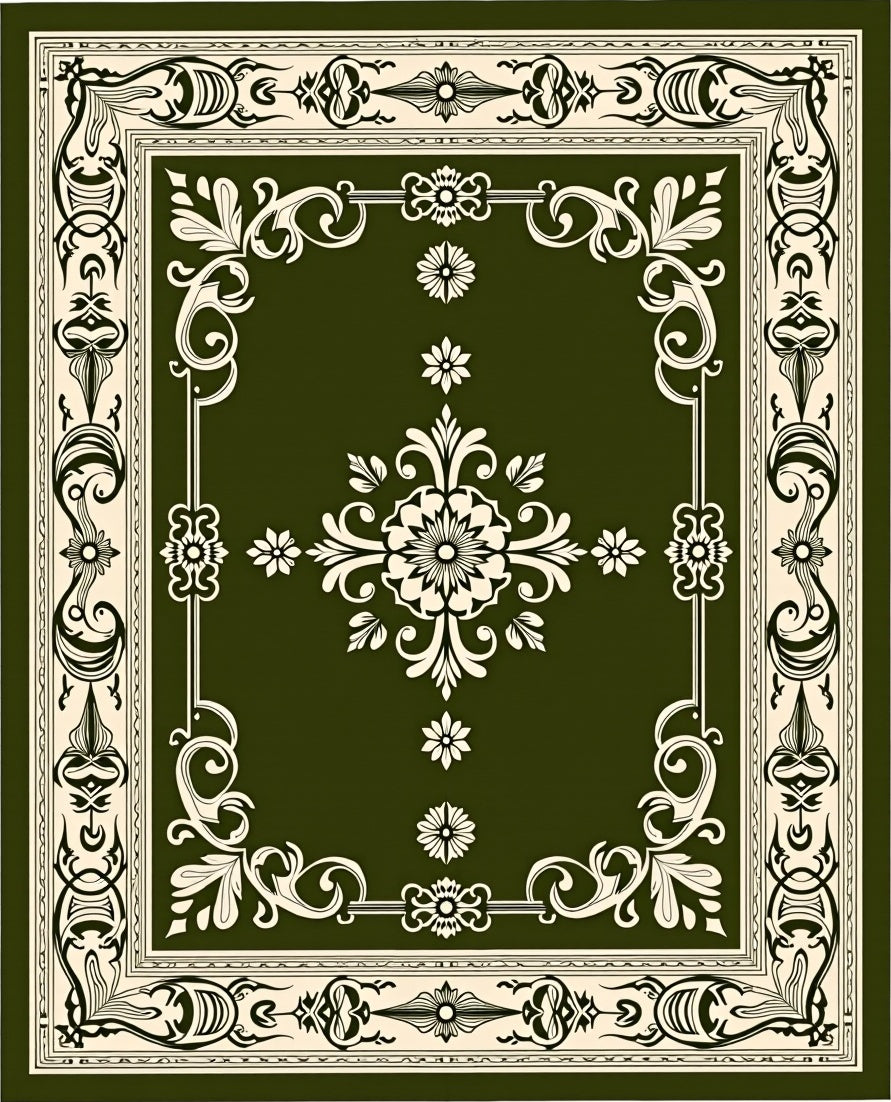 Deep Green Floral Vine Medallion Rug