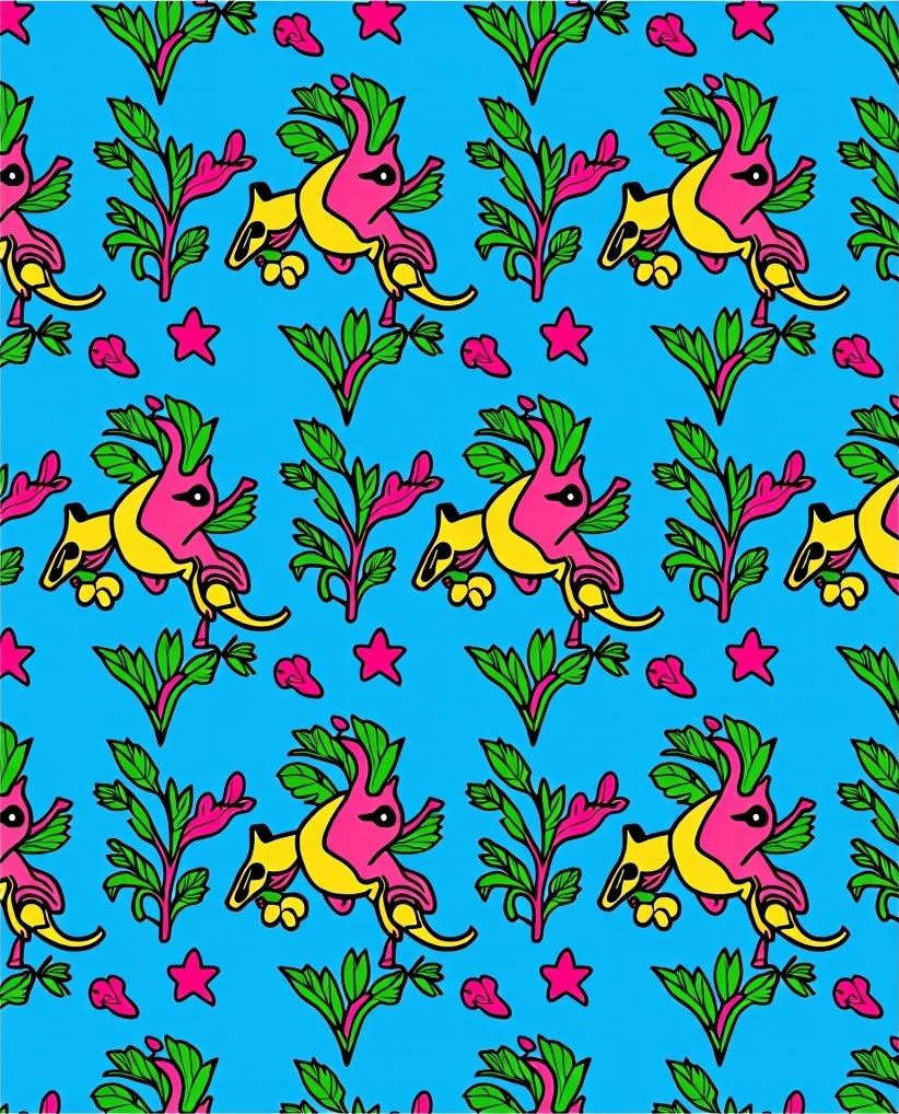 Pink Yellow Creature Blue Star Foliage Rug