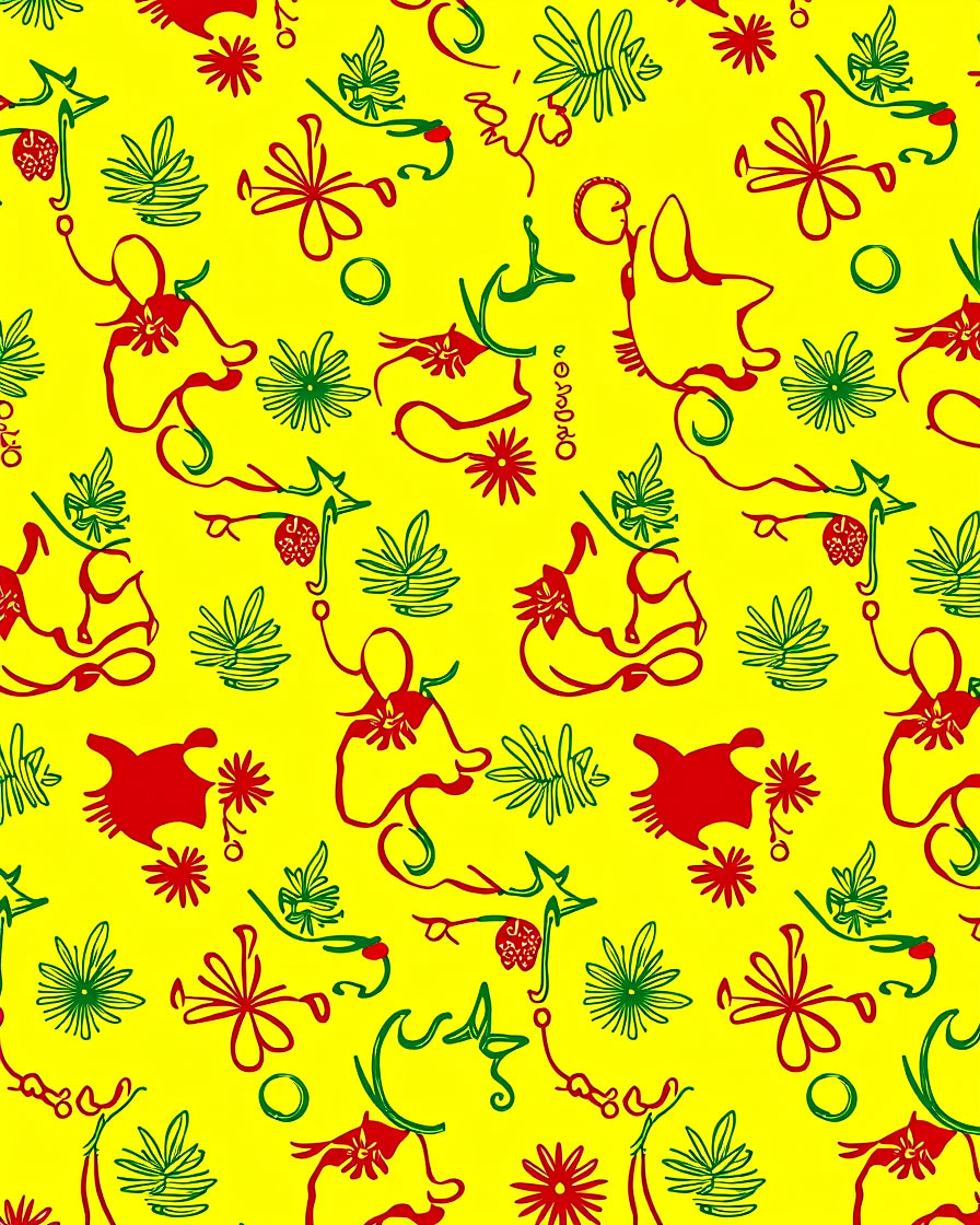 Red Green Abstract Figures Yellow Rug