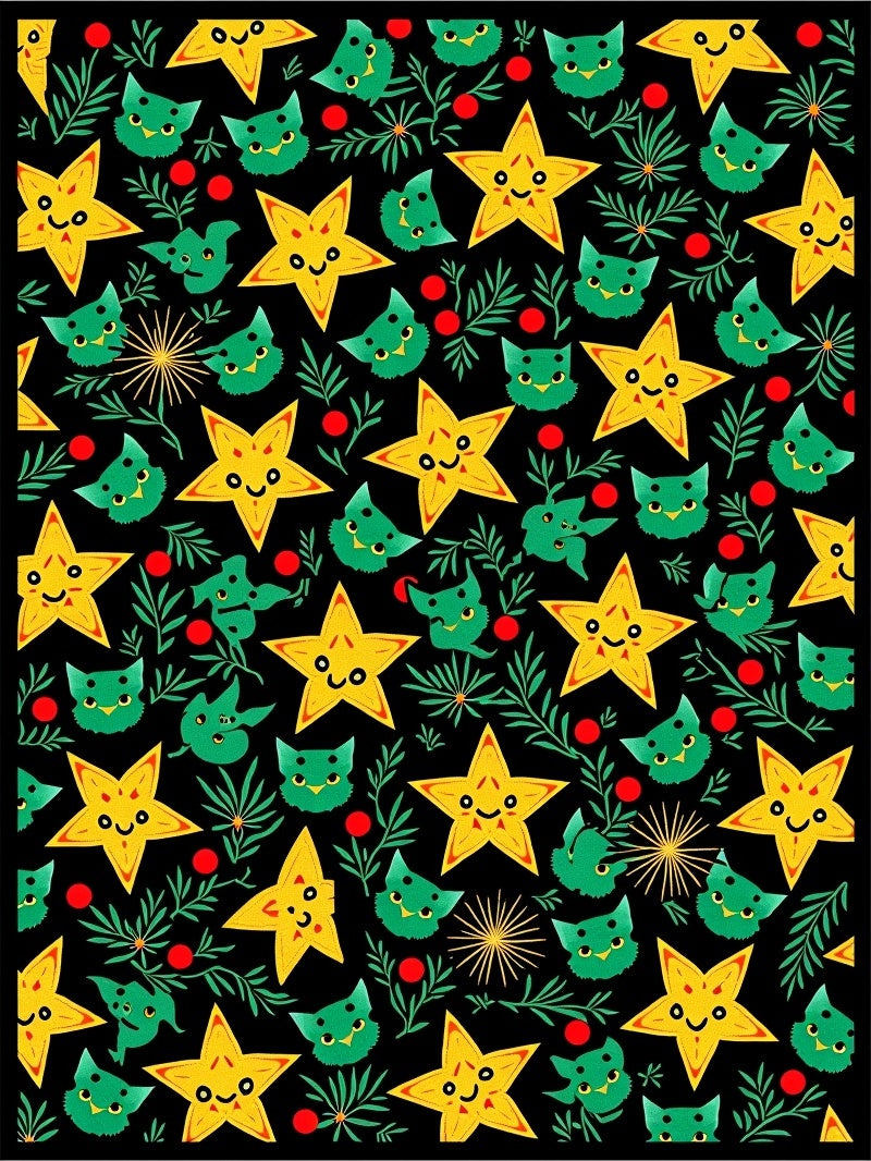 Cute Yellow Star Green Cat Foliage Rug