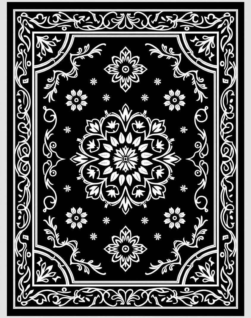 Black and White Floral Mandala Medallion Rug