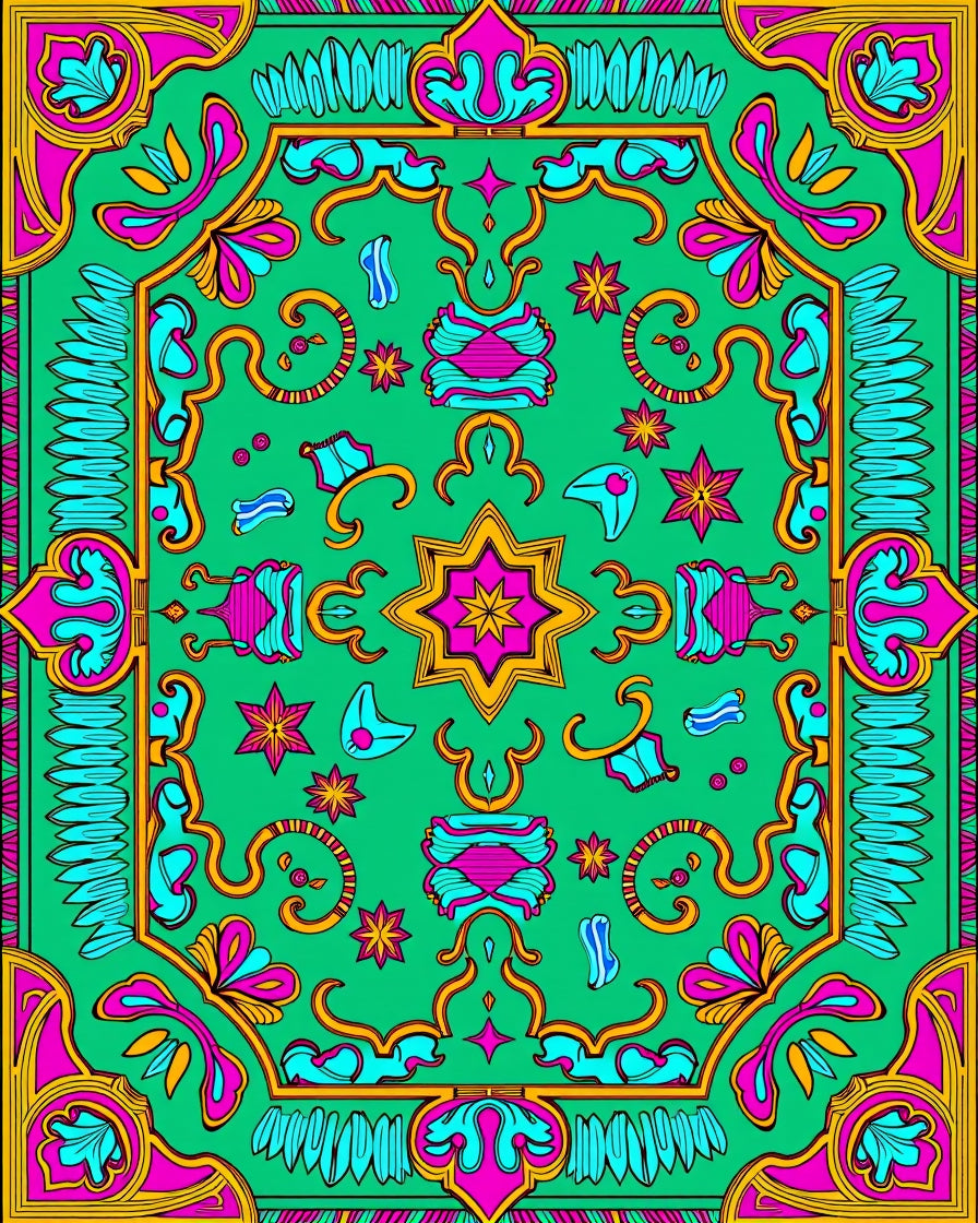Vibrant Pink Teal Geometric Star Medallion Rug