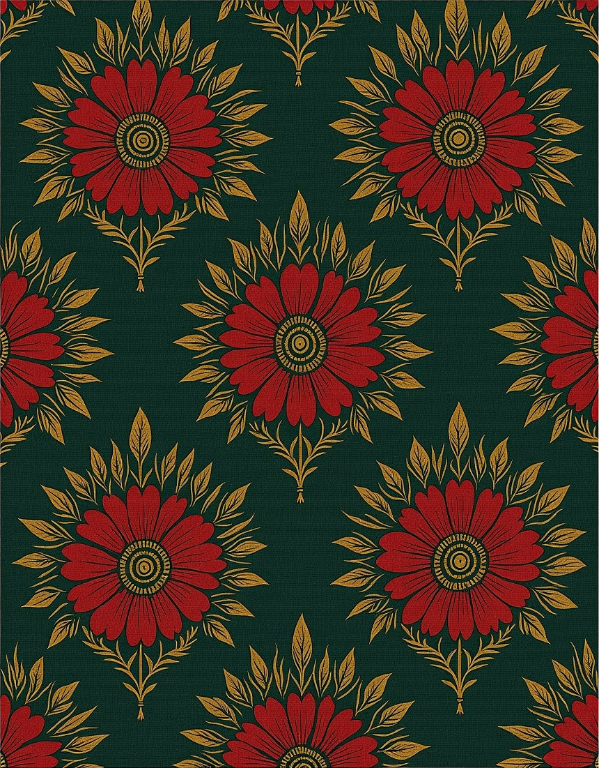 Red Floral Gold Leaf Wallpaper Rug