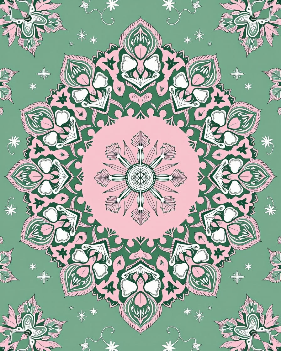 Pink and Green Floral Mandala Rug