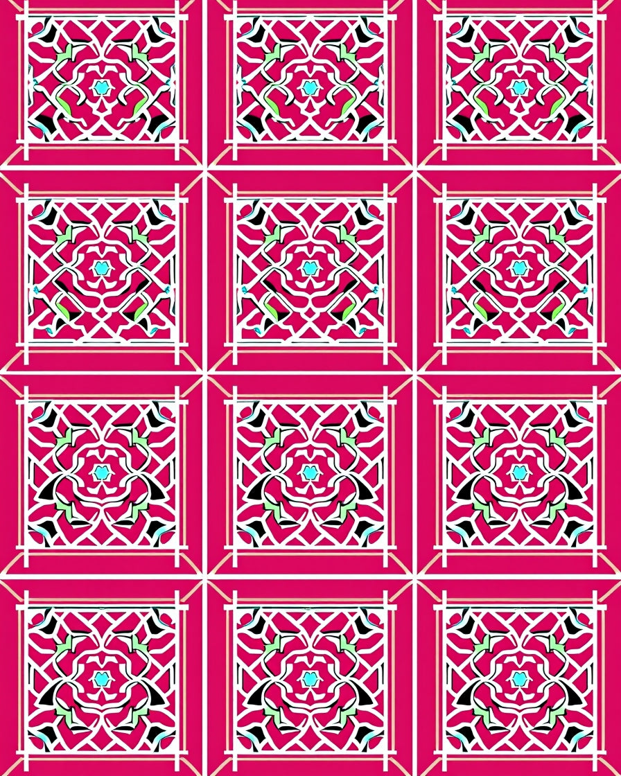 Tiled Fuchsia Geometric Floral Lattice Rug