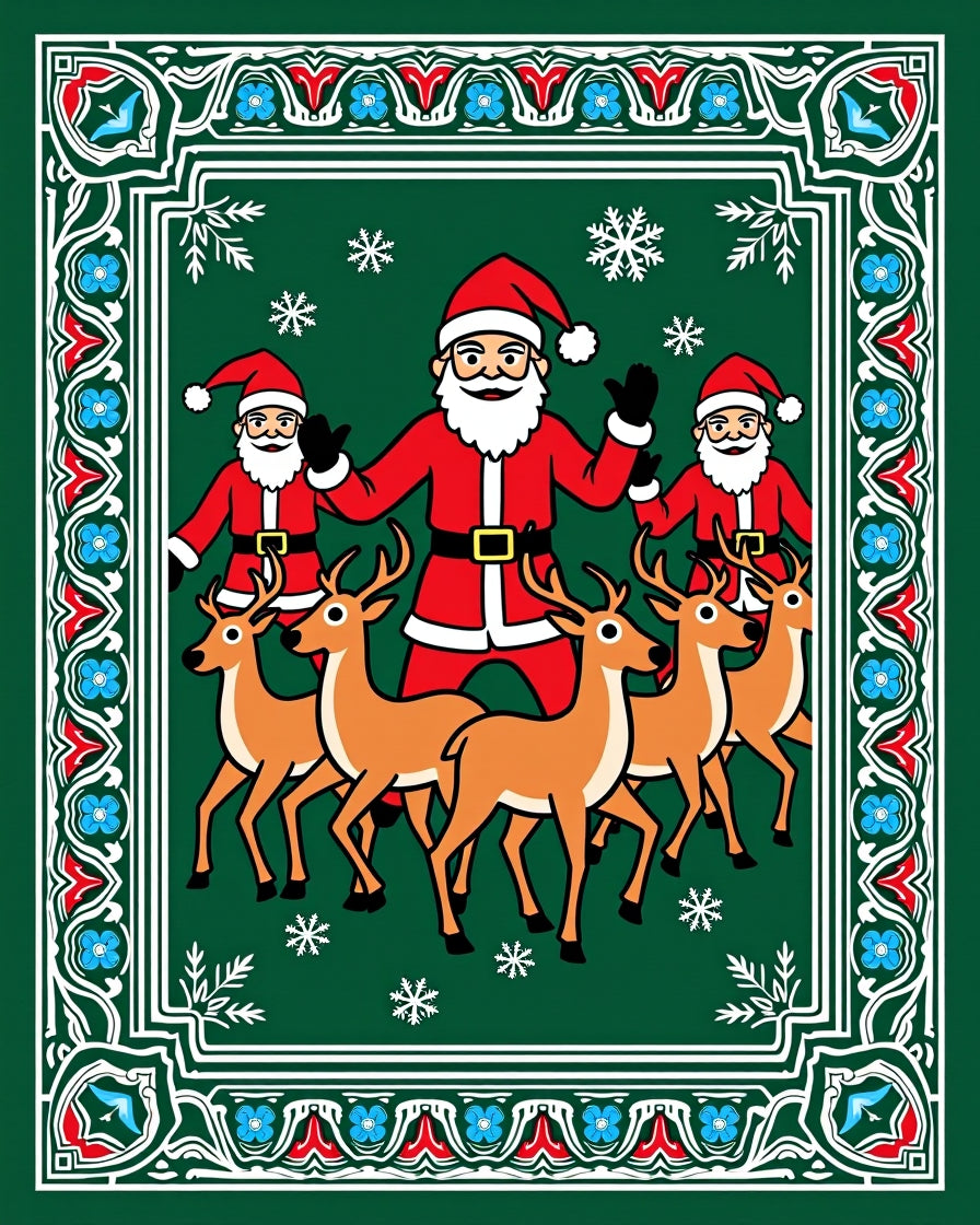 Festive Green Santa Reindeer Snowflakes Border Rug