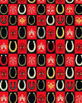 Red Black Golden Horseshoe Floral Squares Rug