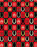 Red Black Golden Horseshoe Floral Squares Rug