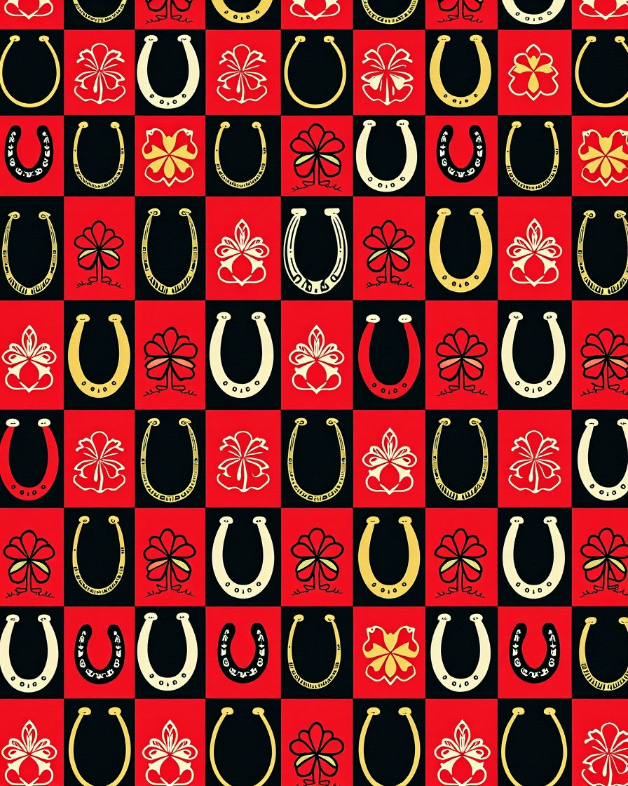 Red Black Golden Horseshoe Floral Squares Rug