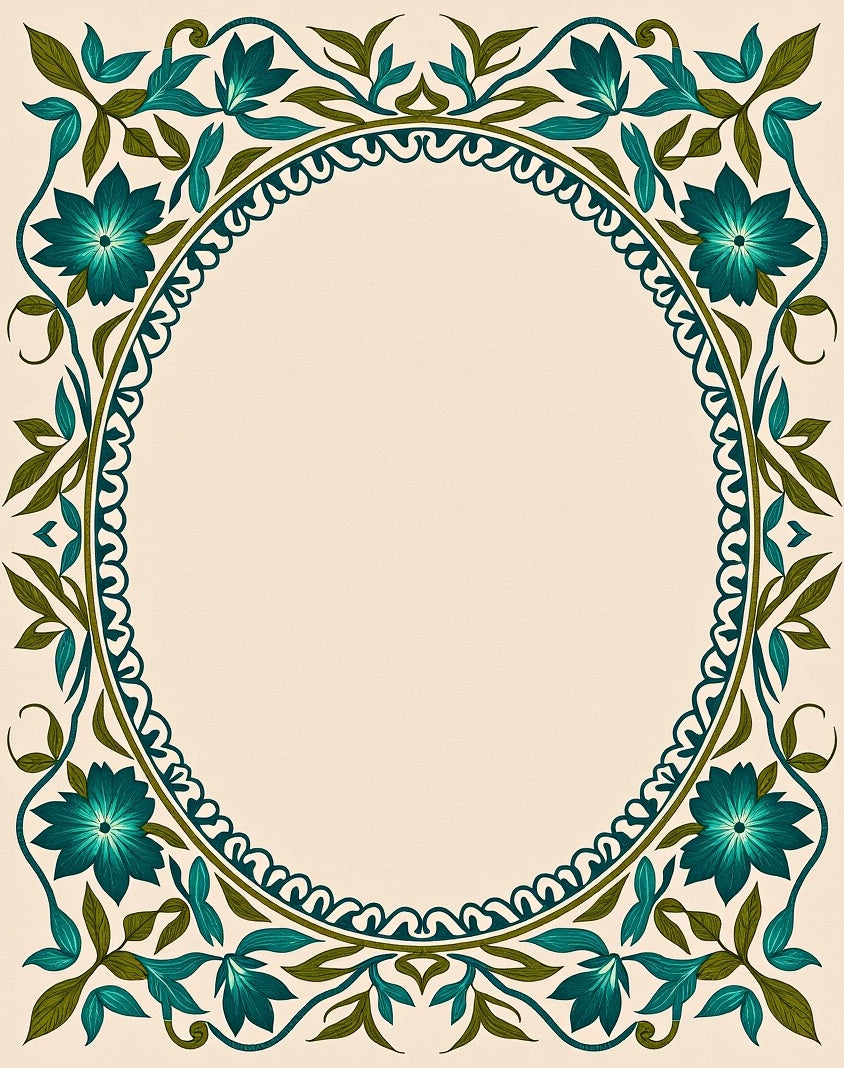 Teal Floral Vines Oval Frame Rug