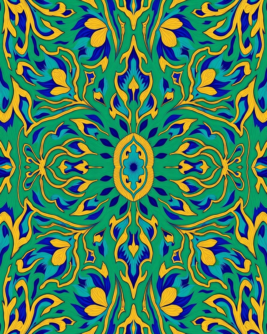 Emerald Blue Yellow Symmetrical Floral Rug
