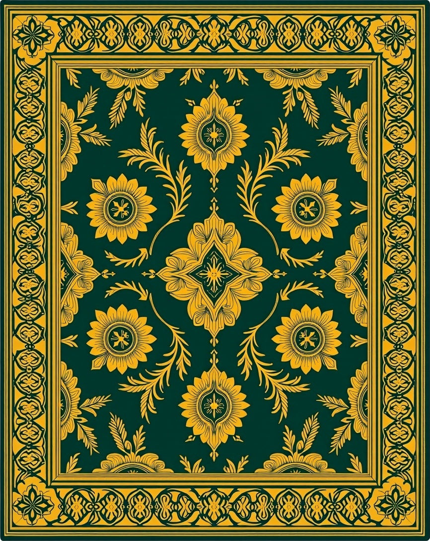 Emerald Gold Floral Medallion Border Rug
