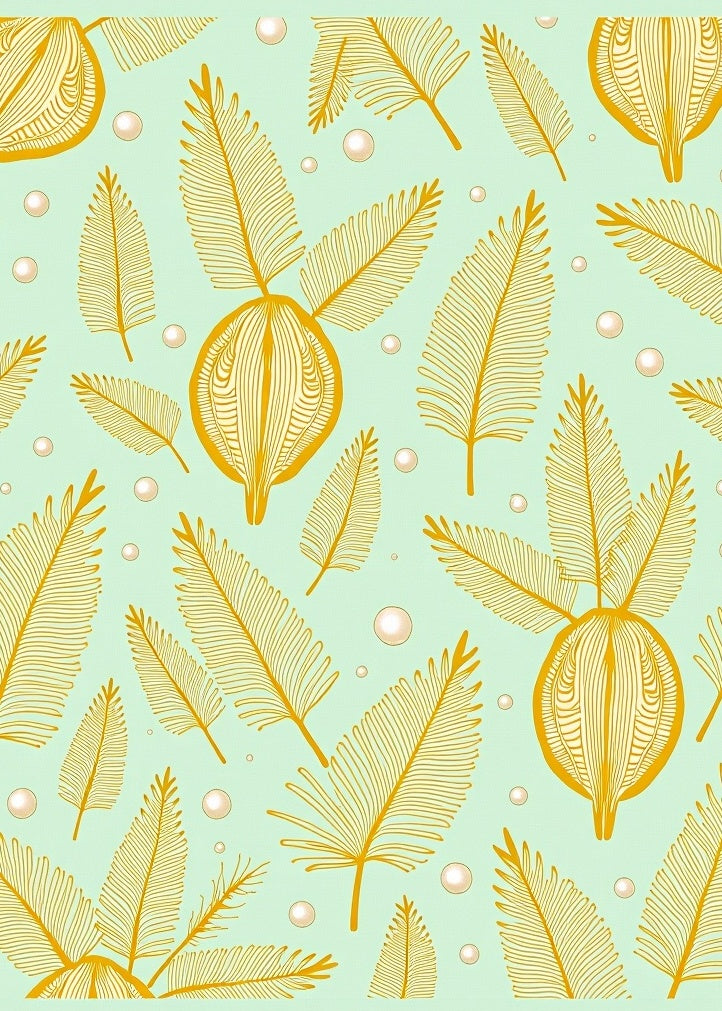 Golden Feathers and Pearls on Aqua Rug