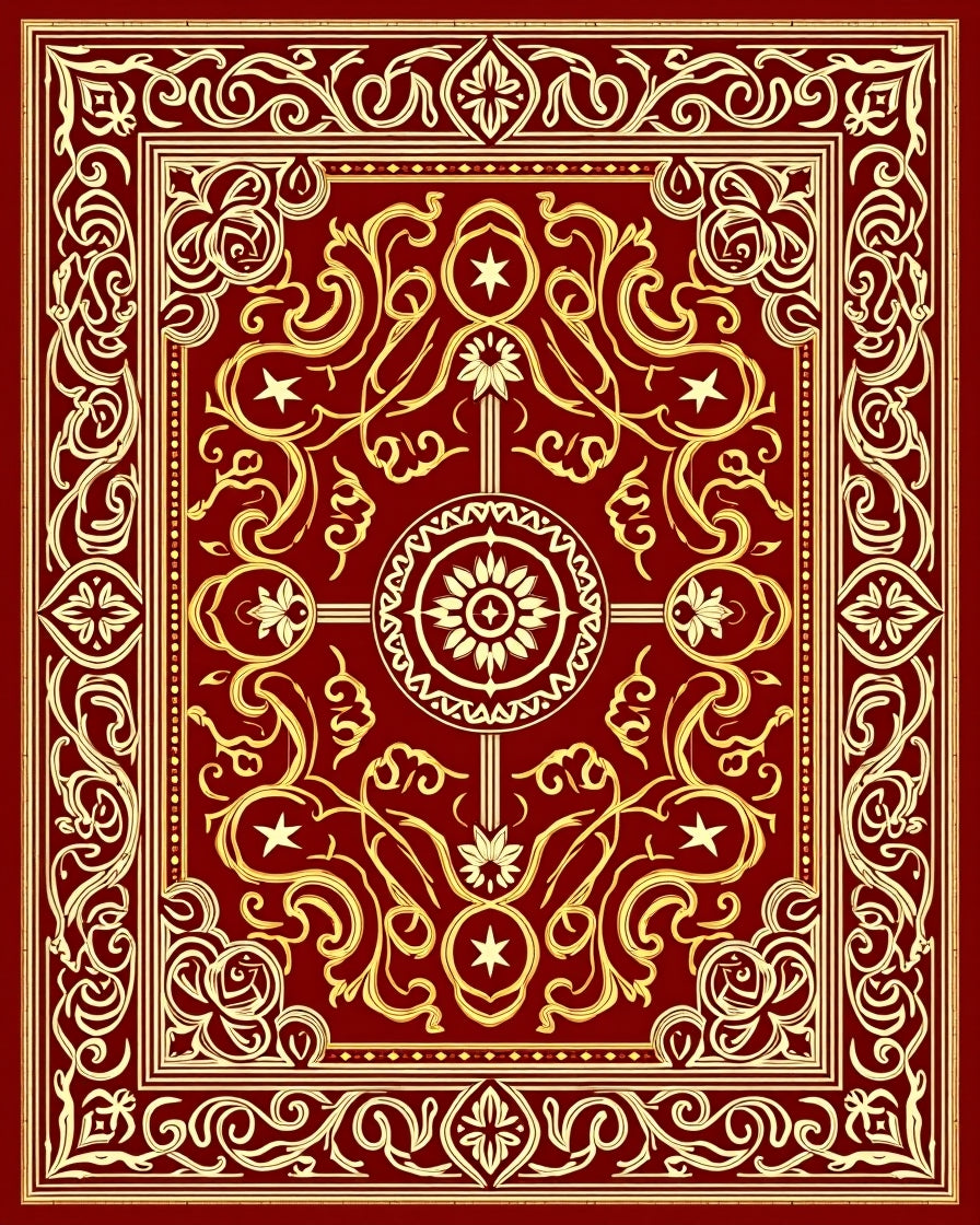 Rich Crimson Gold Scrolling Vine Rug