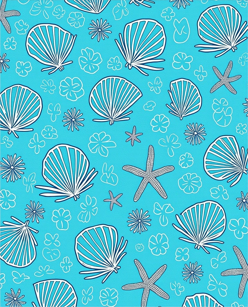 Blue Seashell Starfish Floral Collage Rug