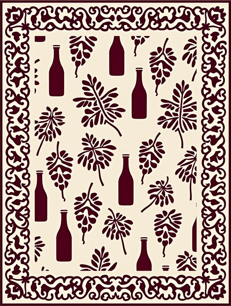 Deep Red Wine Bottle Leaf Border Rug