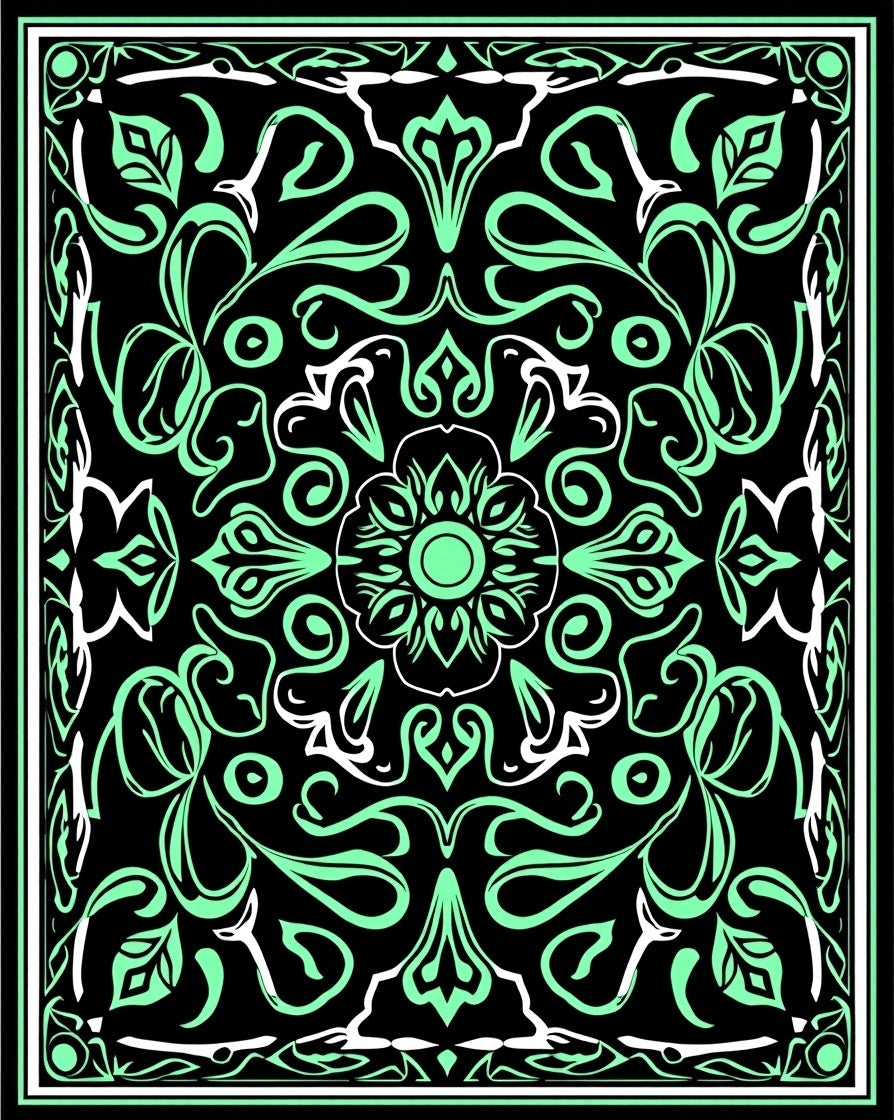 Mint Green Black Floral Scroll Medallion Rug