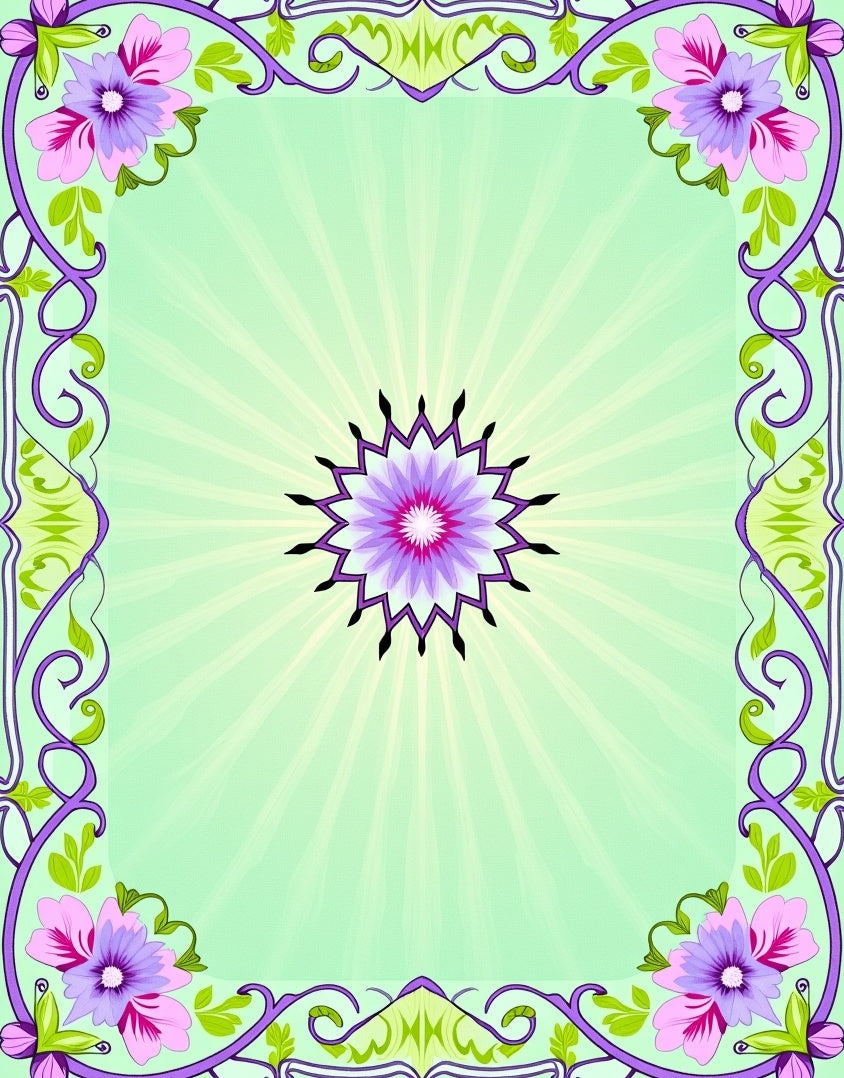 Purple Floral Frame Light Green Sunburst Rug