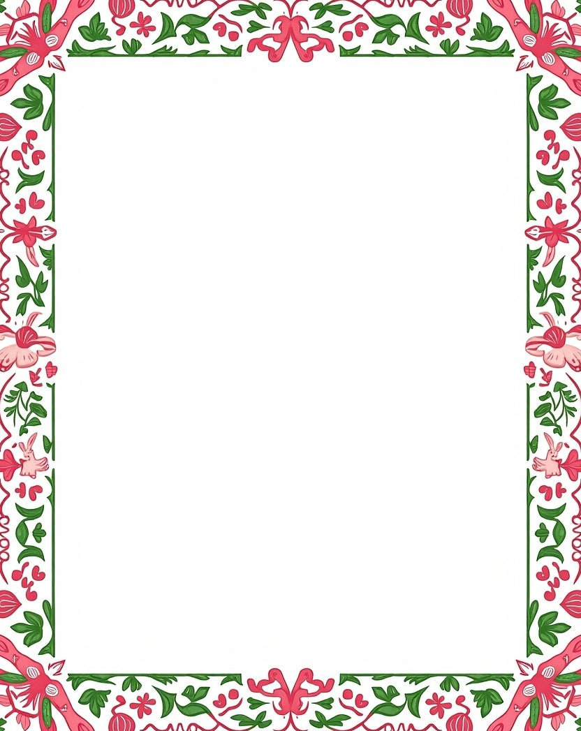 Pink Green Floral Scroll Border Rug