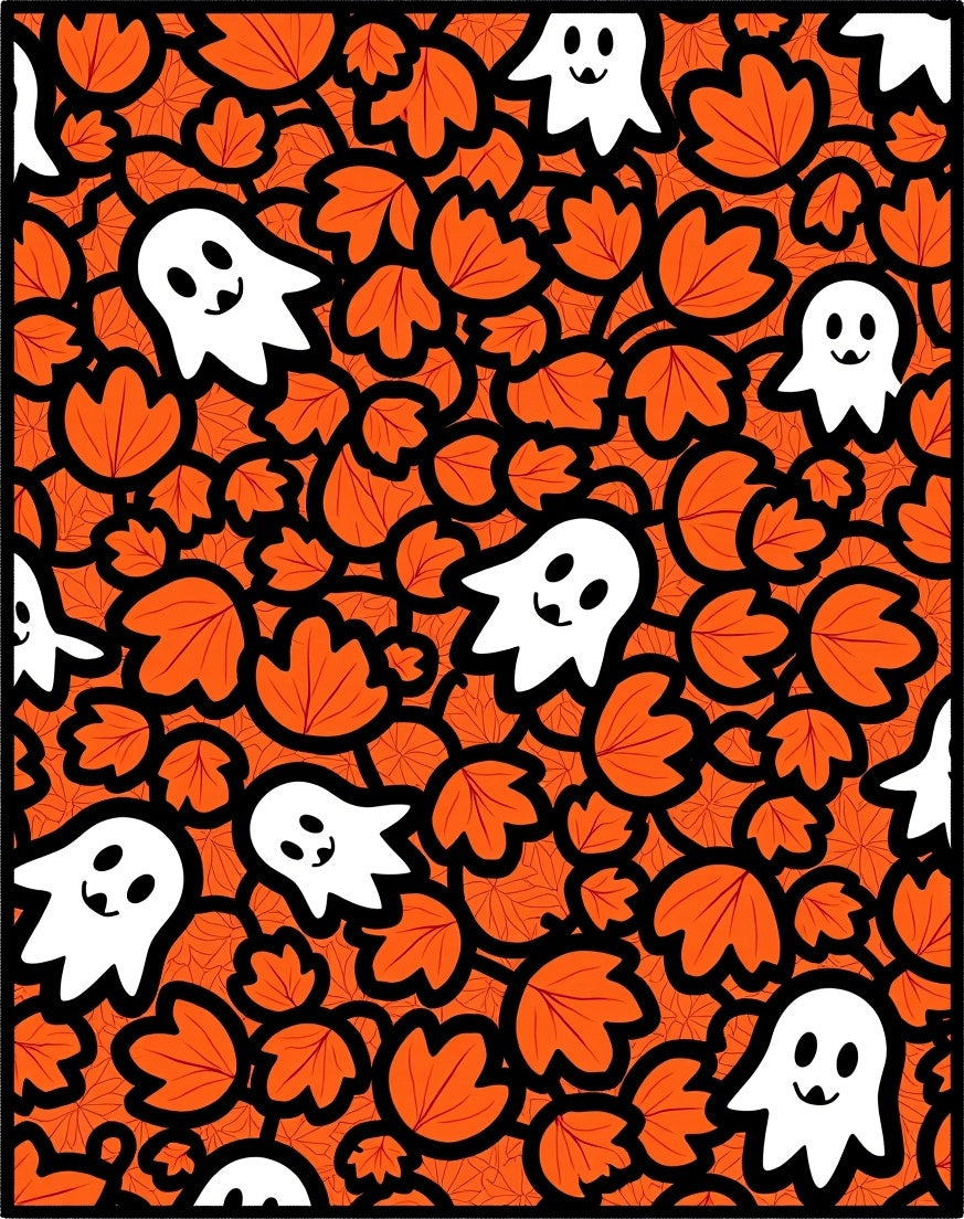 Spooky White Ghosts Orange Leafy Background Rug