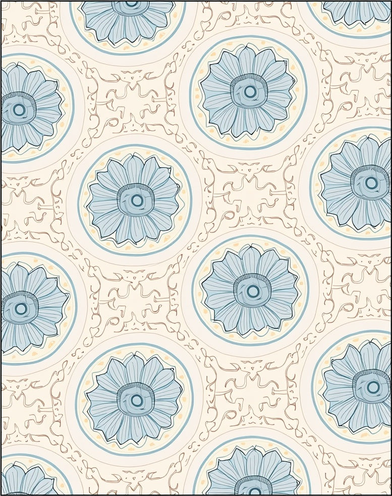 Pale Blue Floral Medallion Cream Background Rug