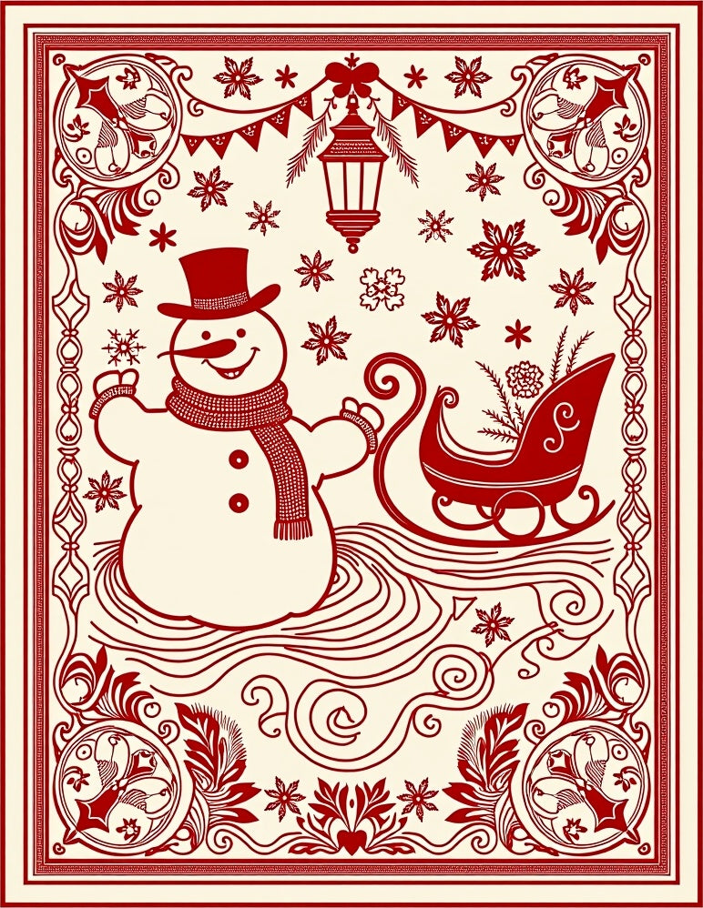 Crimson Snowman Sleigh Winter Scene Rug