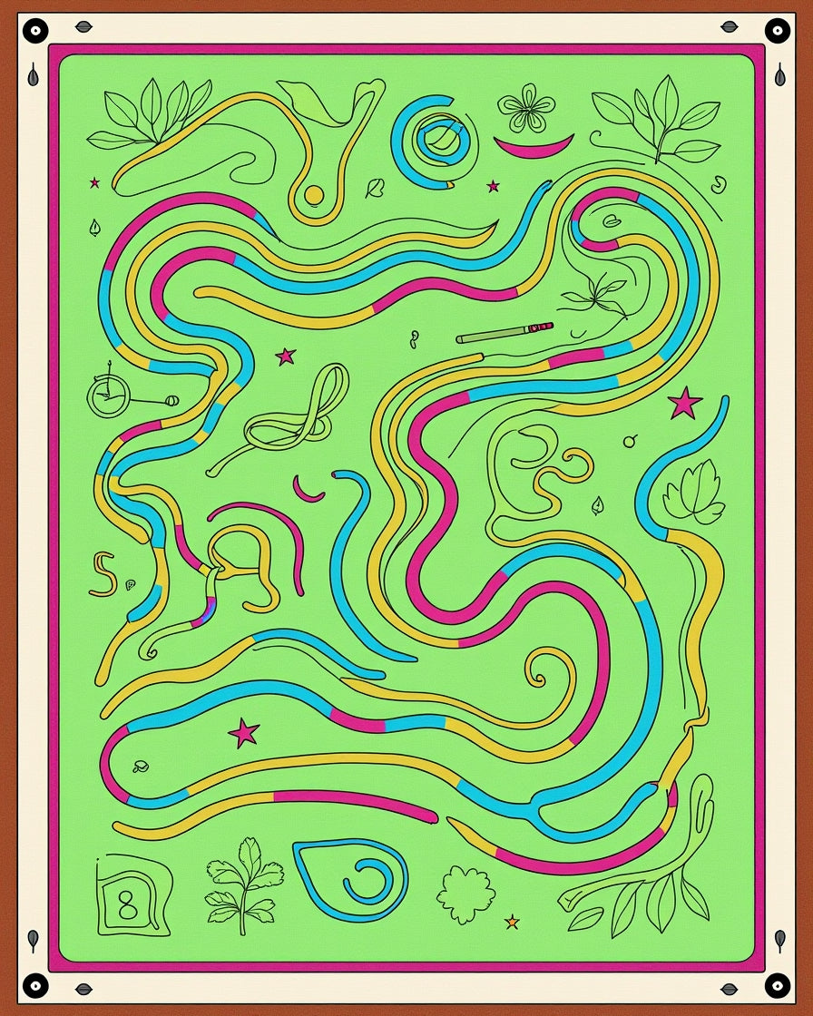Whimsical Green Maze with Vibrant Swirls Rug