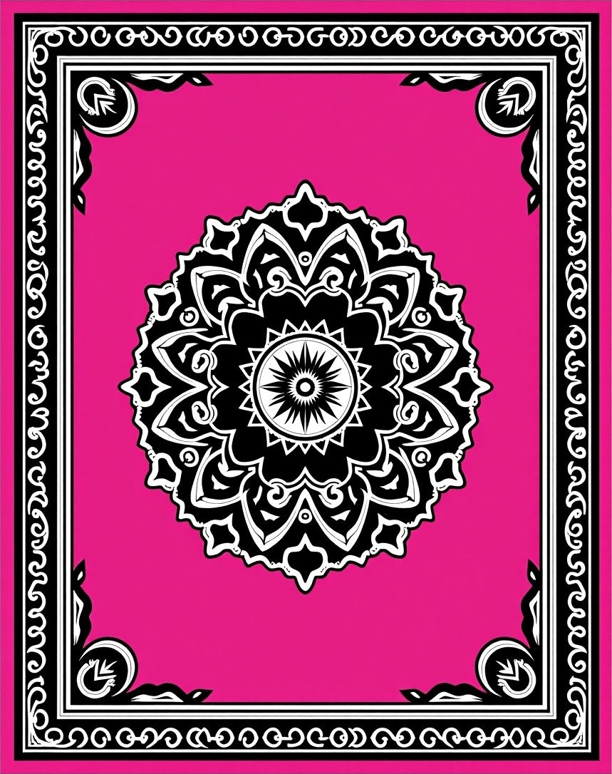Hot Pink Black Medallion Frame Rug