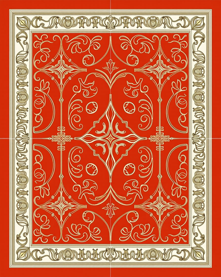 Elegant Gold Red Filigree Medallion Rug