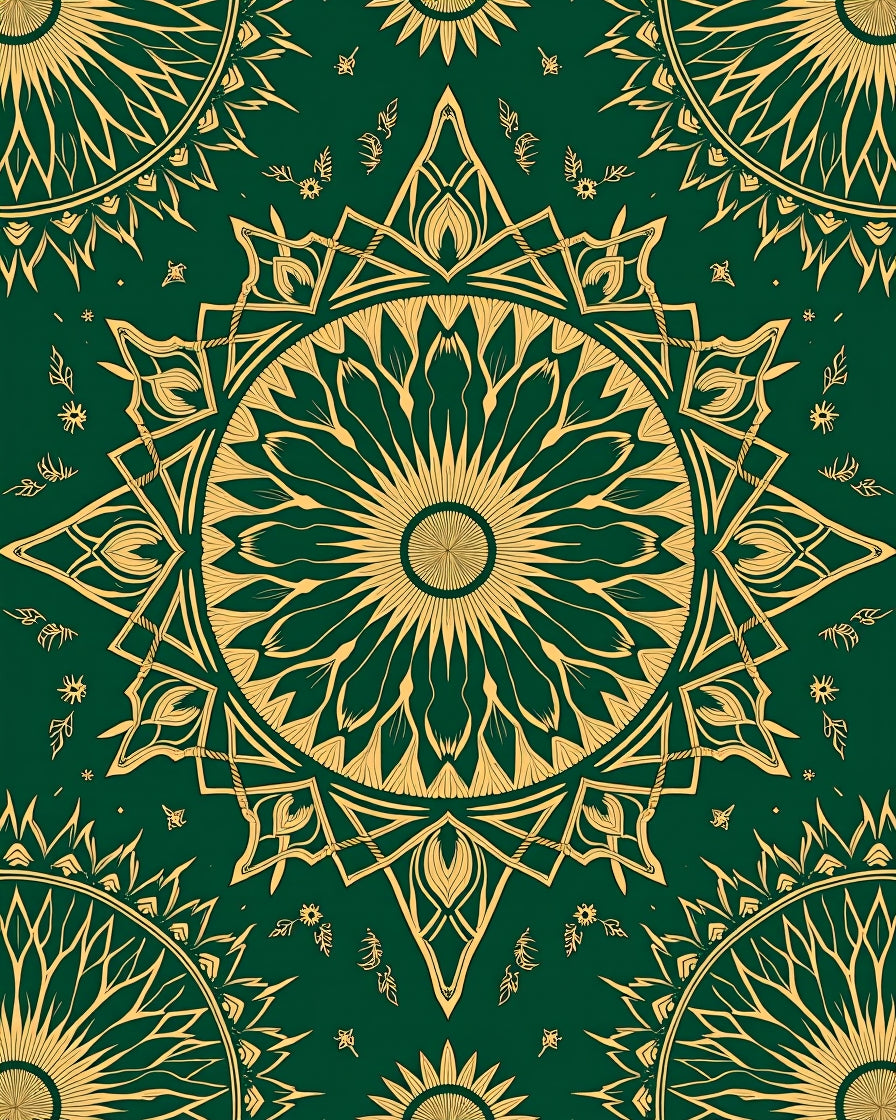 Gold Mandala Nature Inspired Dark Green Rug