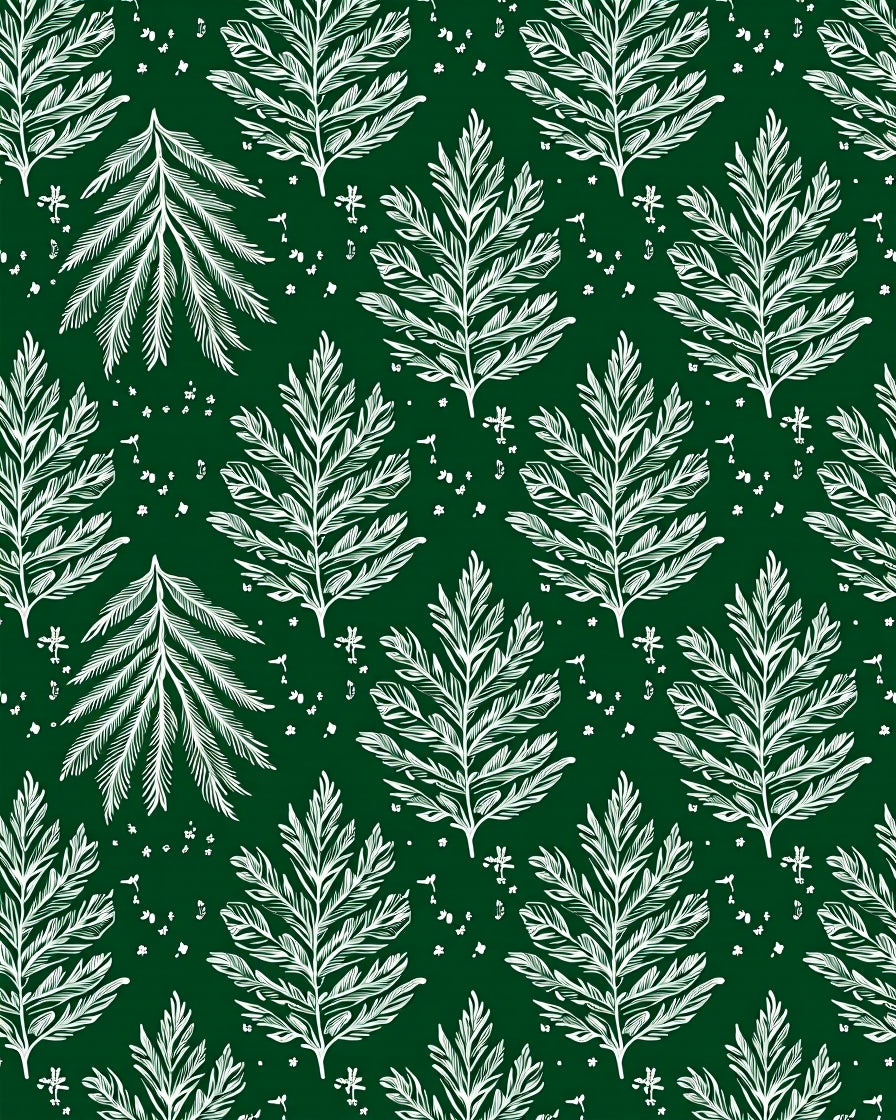 White Fern Fronds on Deep Green Rug