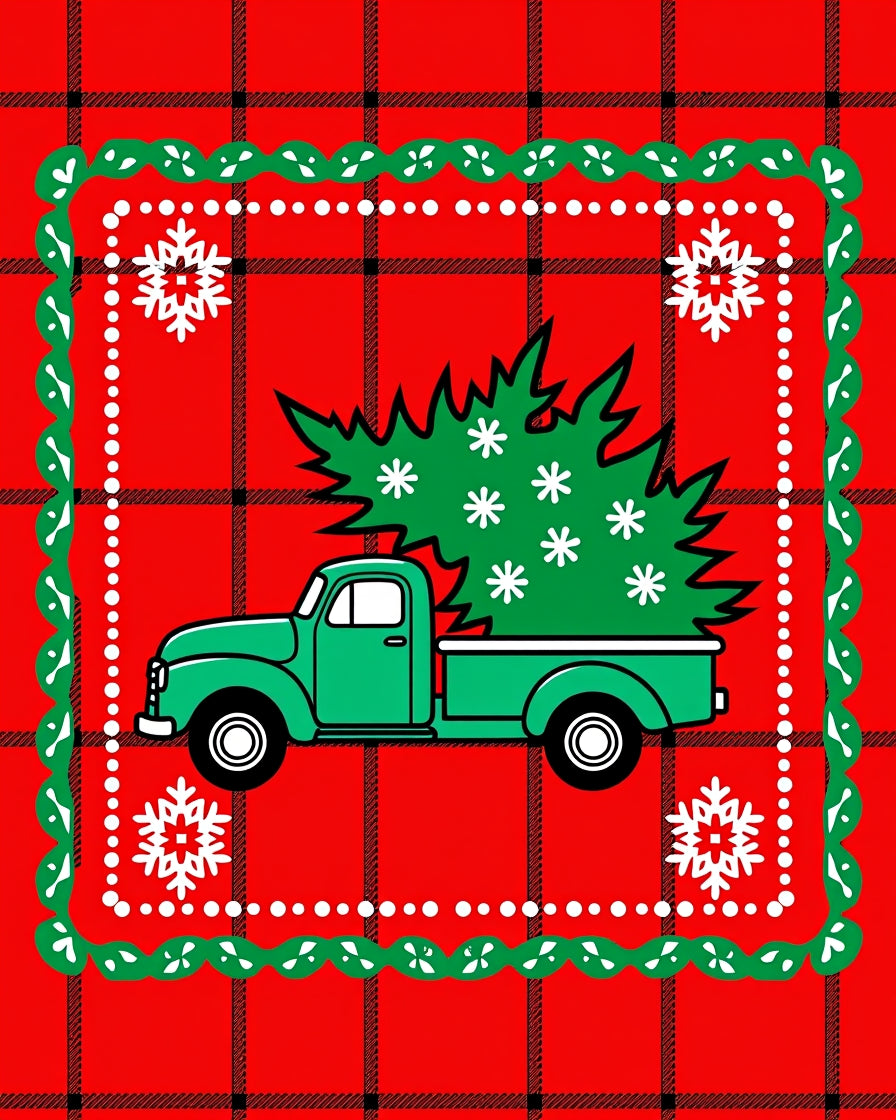 Red Plaid Evergreen Truck Snowflakes Rug