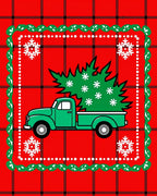 Red Plaid Evergreen Truck Snowflakes Rug