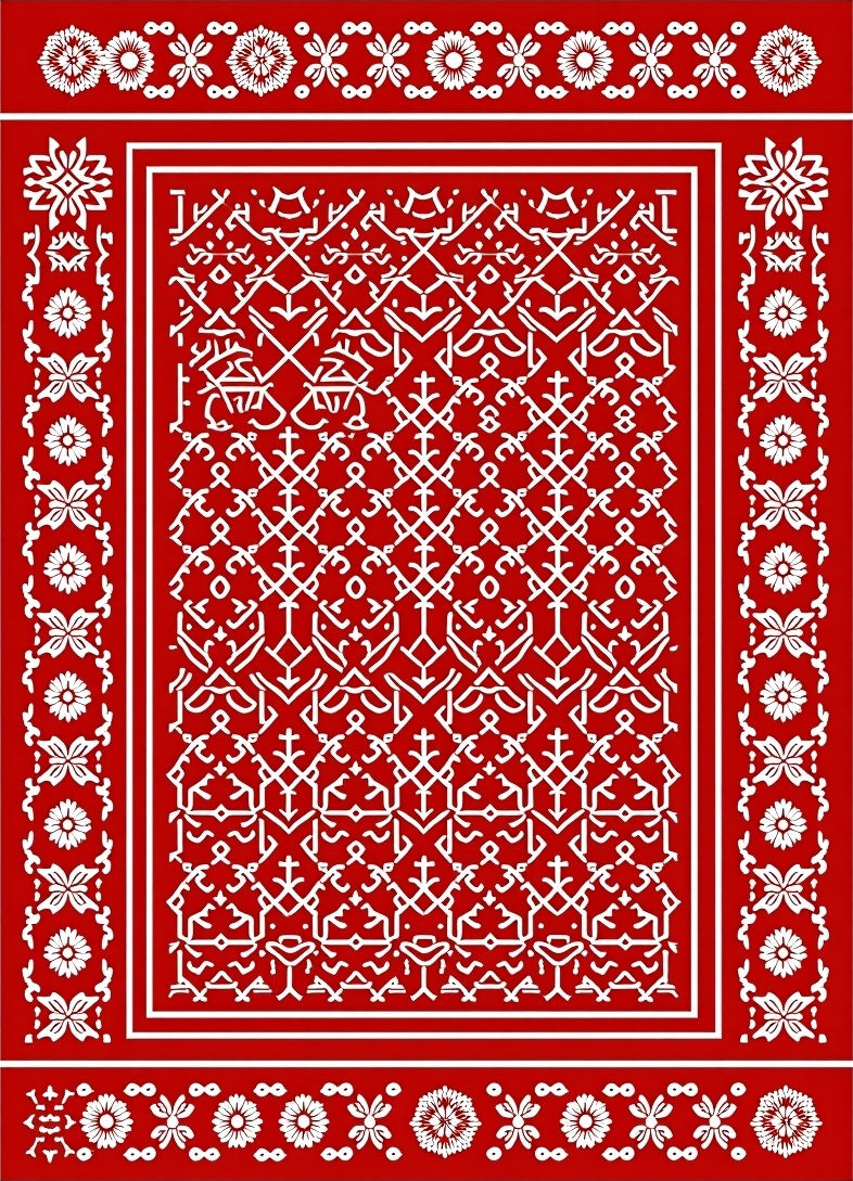 Bold Red White Geometric Medallion Rug