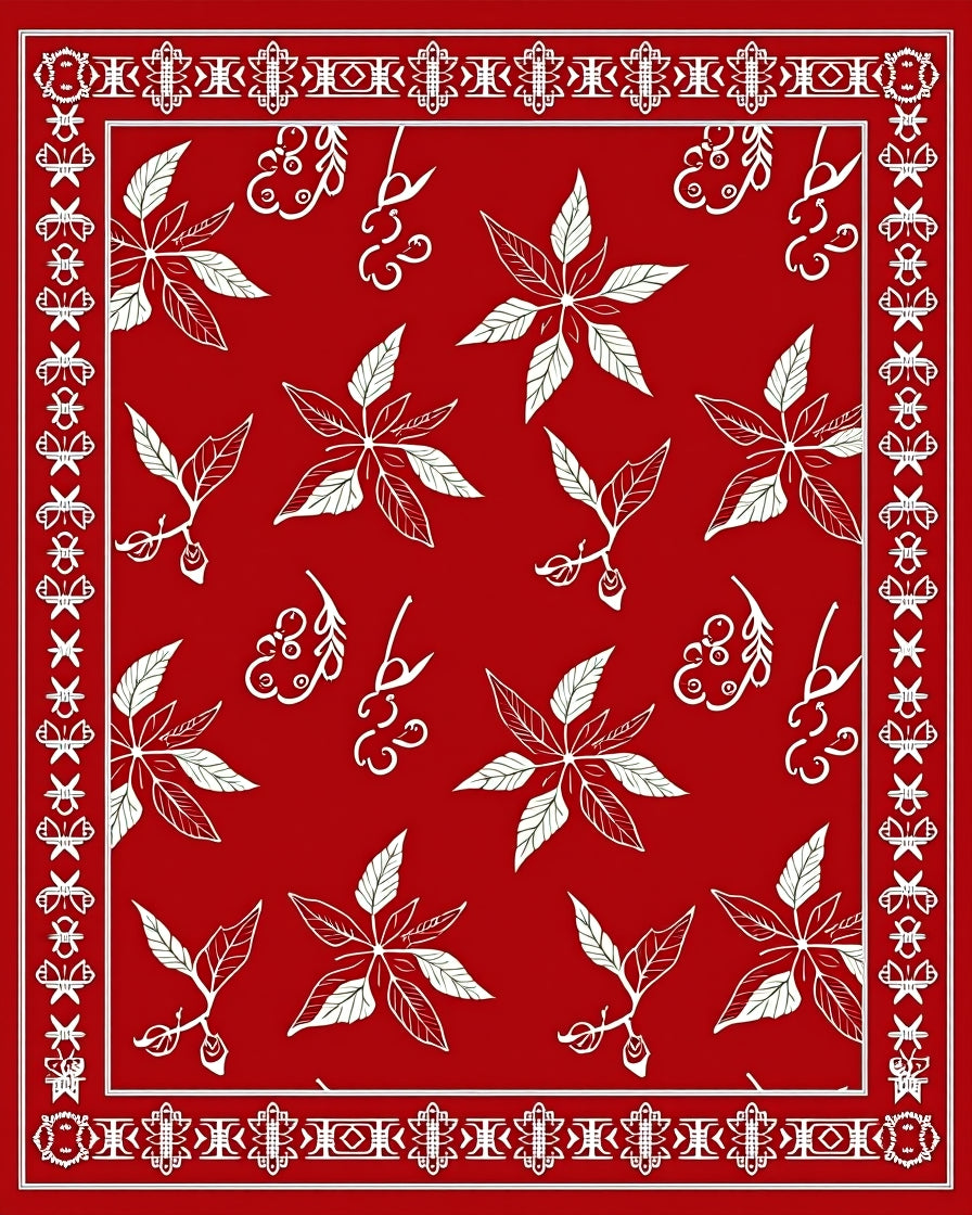 Bold Red Poinsettia Floral Border Rug