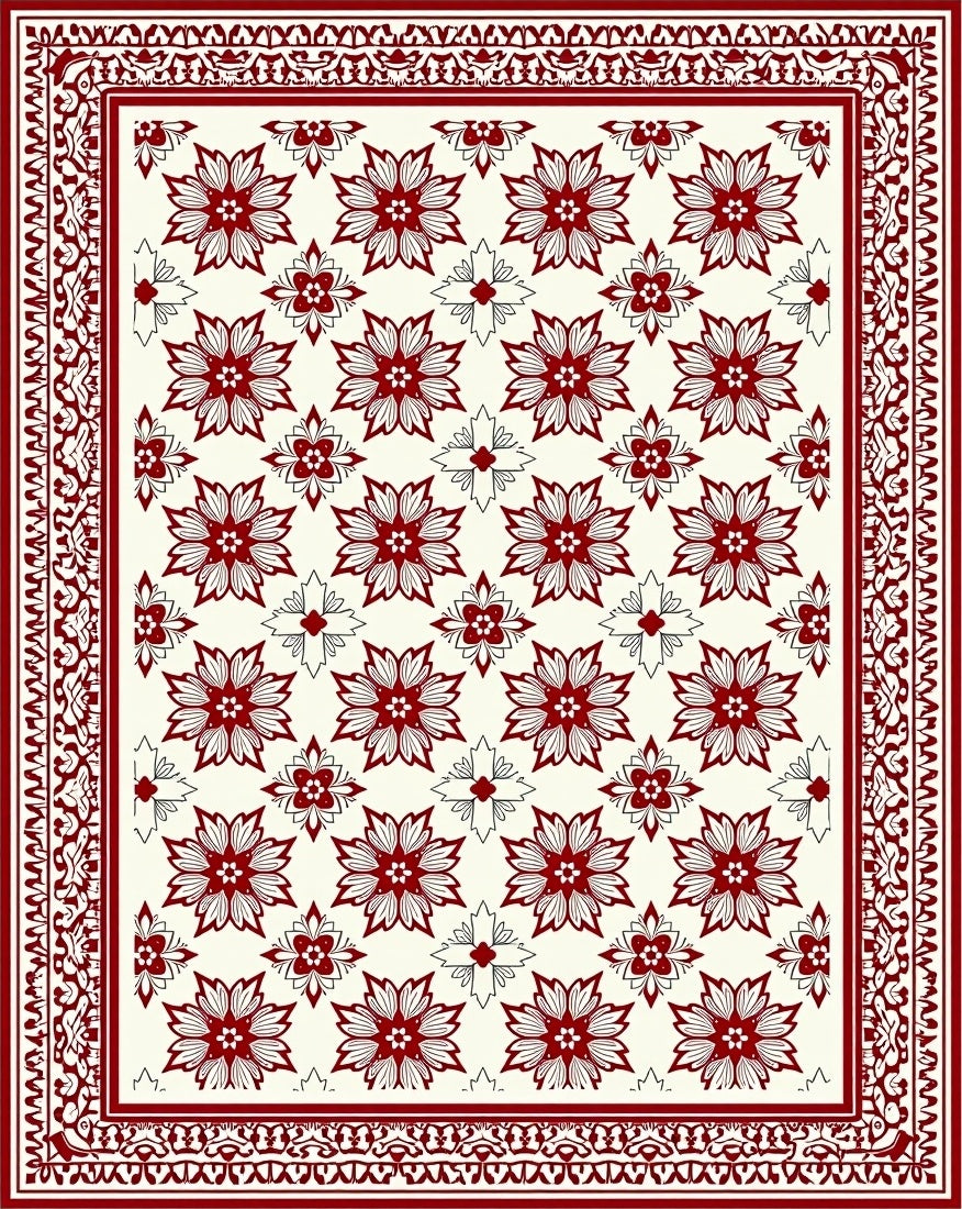 Deep Red Floral Garden Medallion Rug