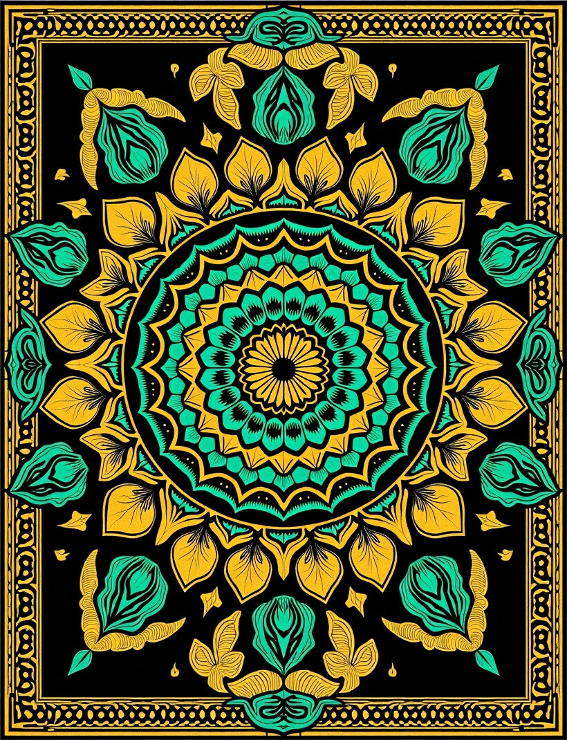 Black Teal Gold Mandala Bloom Rug