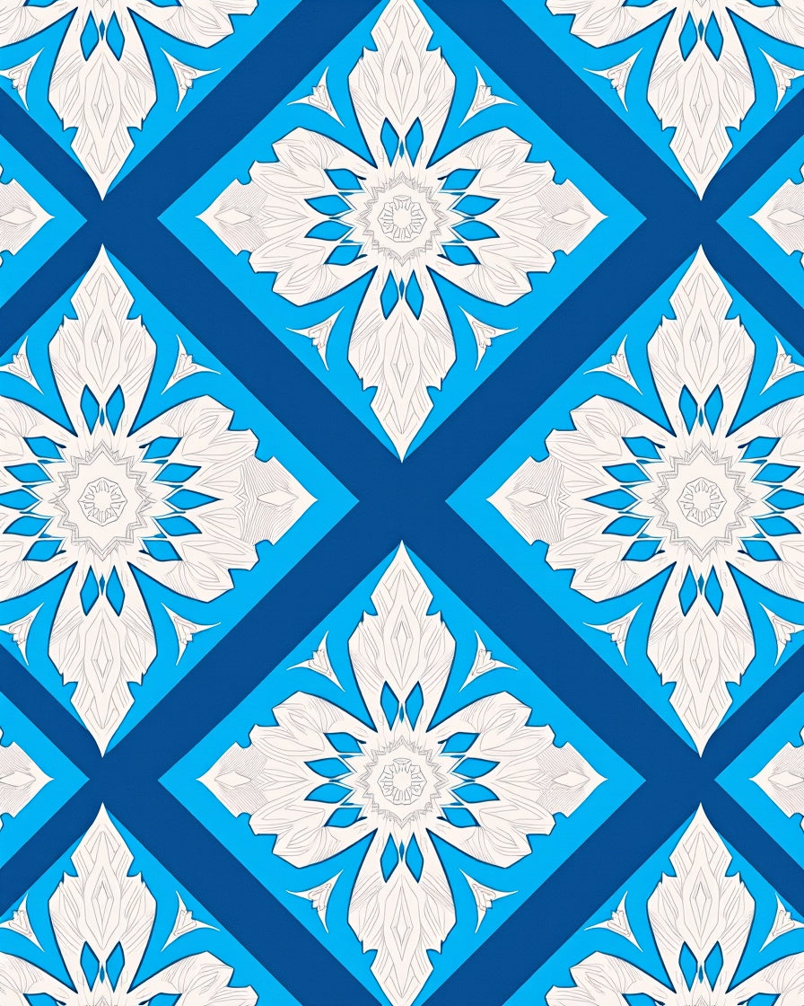 Bold Blue White Floral Diamond Rug
